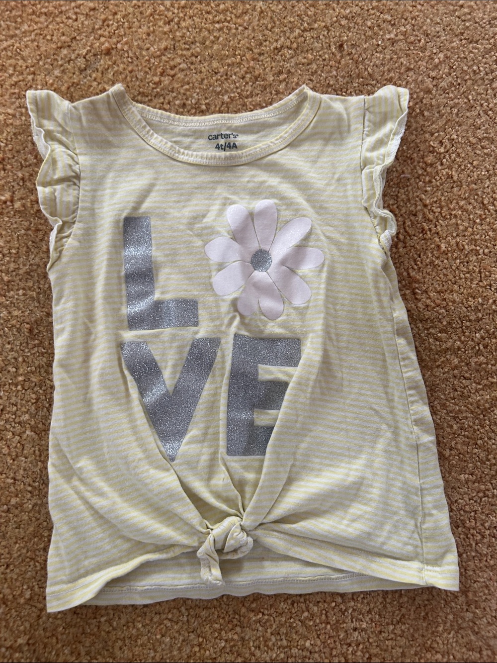 Carter's Pale Yellow Striped Knot-Front Tee with Silver Glitter LOVE